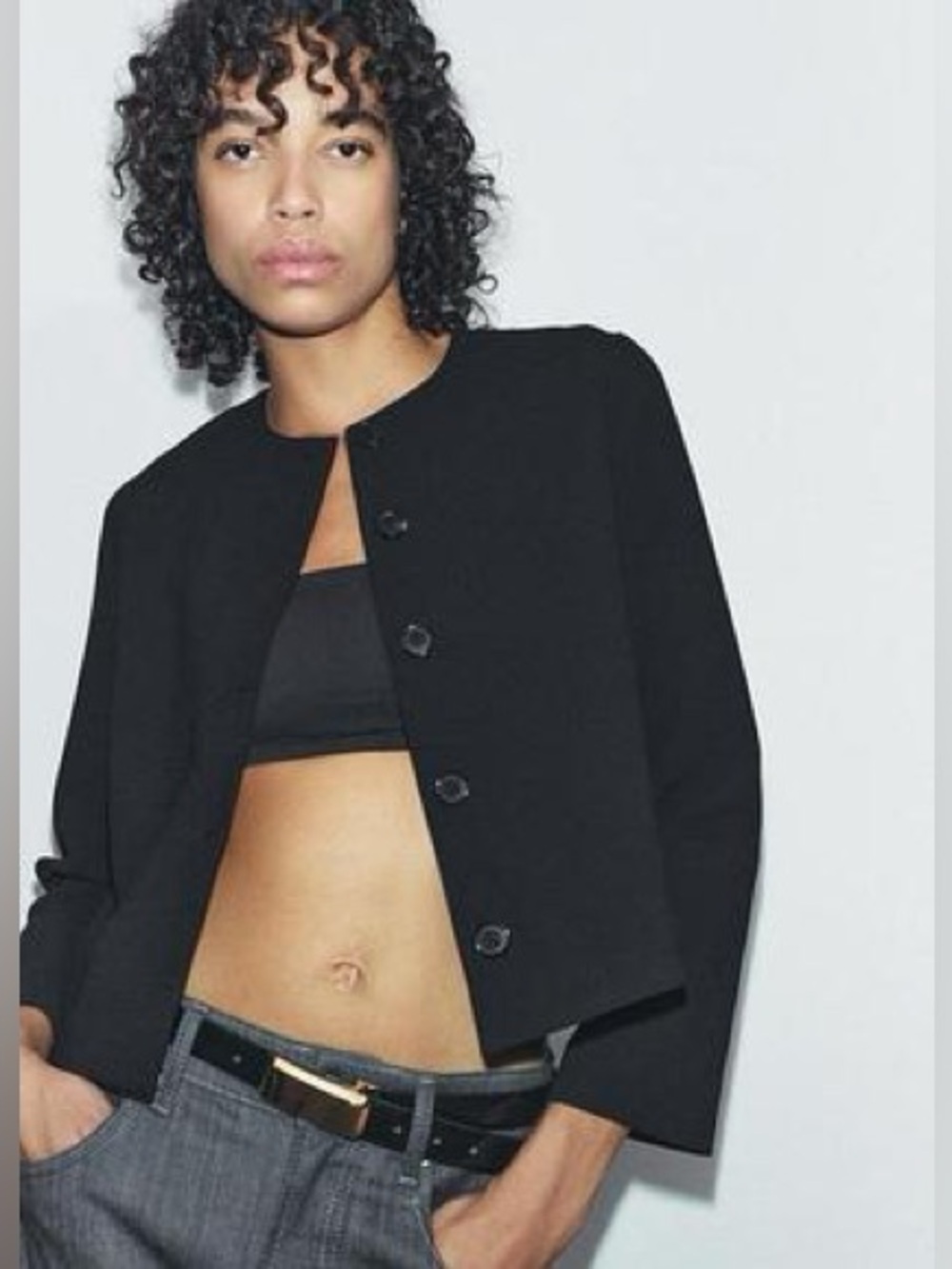 Zara ZW Collection Cropped Collarless Button Jacket – Black Size Small
